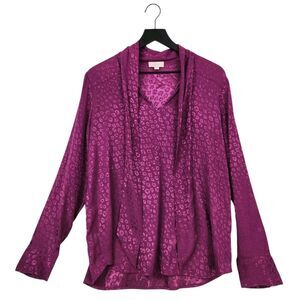 Loft Outlet Womens Top Large Purple Animal Print Shimmer Tie Neck Career Holiday